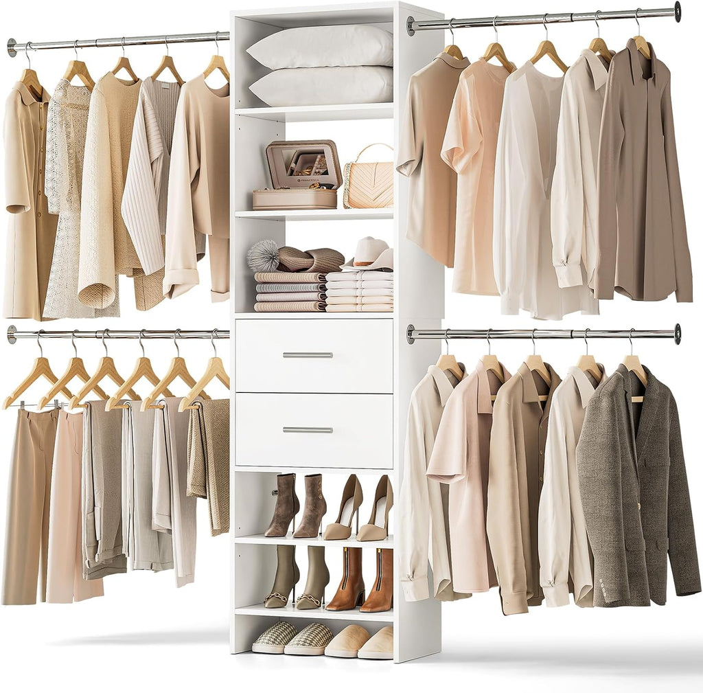 W2 Closet System with 2 Drawers, 3.5FT-7.7FT Closet Organizer System with 4 Chrome-Plated Telescopic Rods & 5