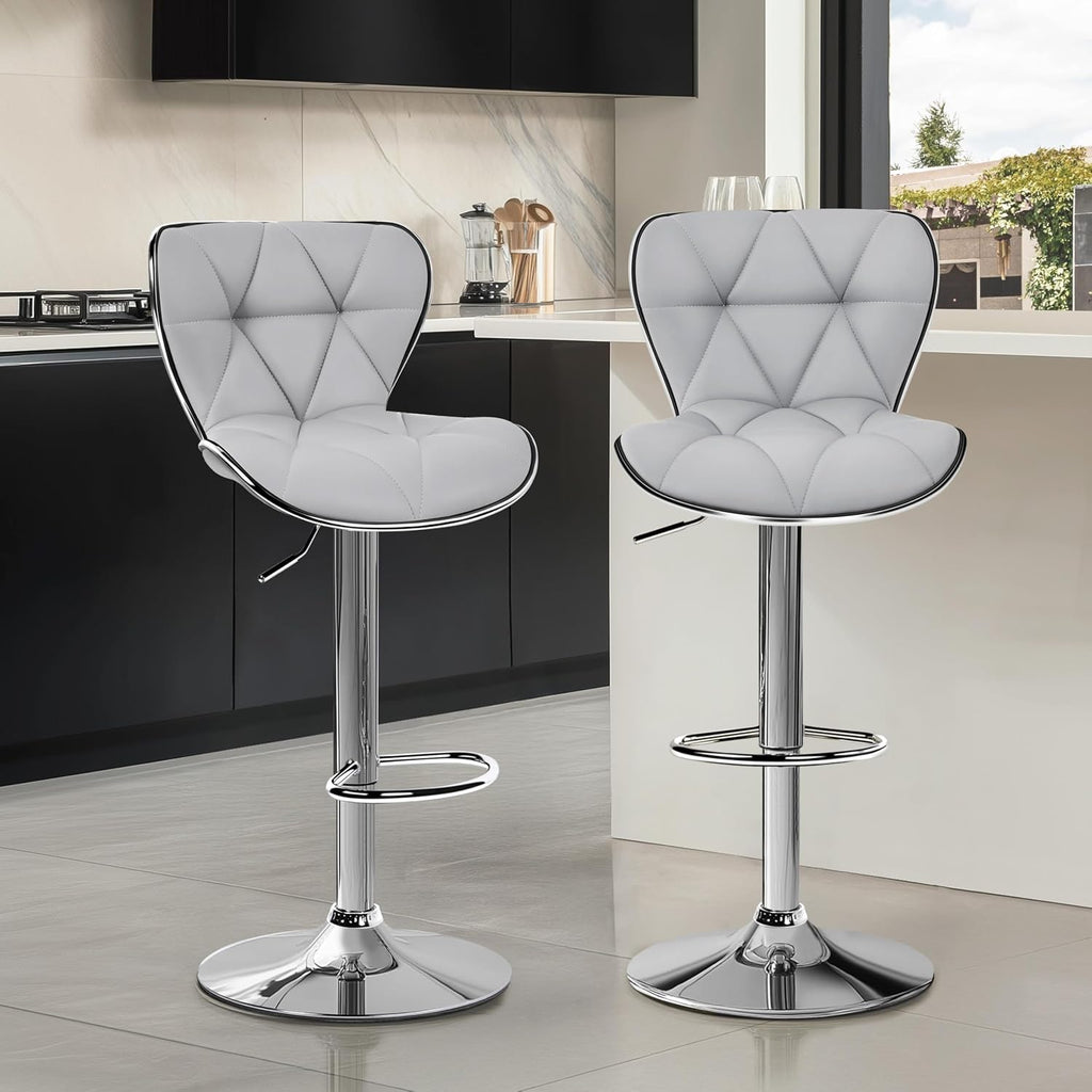Bar Stools Set of 2, PU Leather Swivel Adjustable Barstools with Shell Back, Bar Chairs with Foma Padded, Light Grey