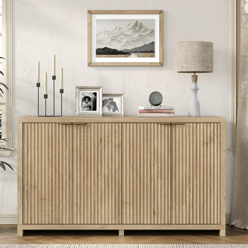 55 inch Oak Fluted Sideboard Buffet Cabinet with 4 Doors, Adjustable Shelves, Wood Storage Cabinet