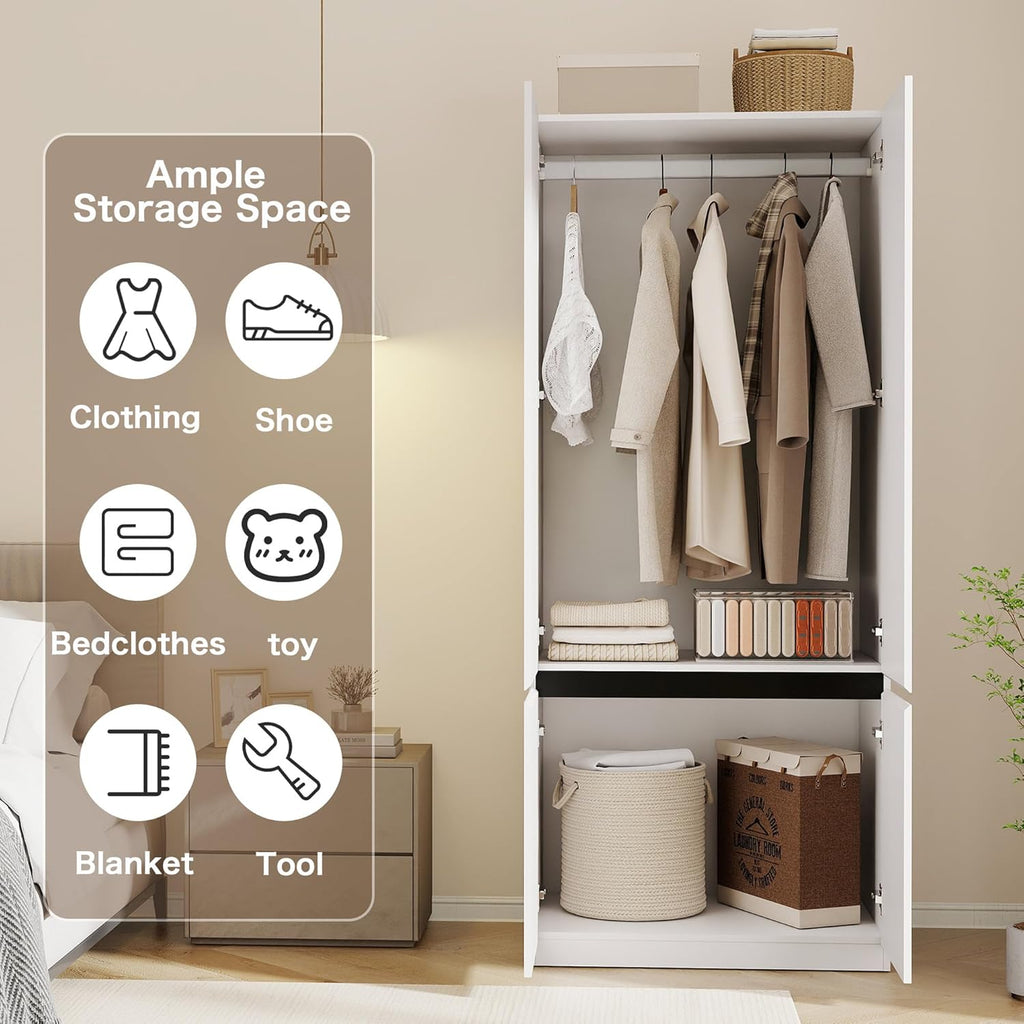 White Armoire Wardrobe Closet: 74" Large Wardrobe Closet with 2 Doors, Wood Closets Cabinet for Hanging Clothes