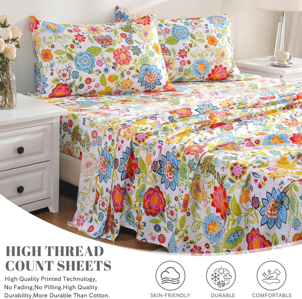 Sheet Set Ultra Soft Breathable Silky Flower Bed Sheets Deep Pocket 100% Microfiber Bedding Sheets 4 Piece