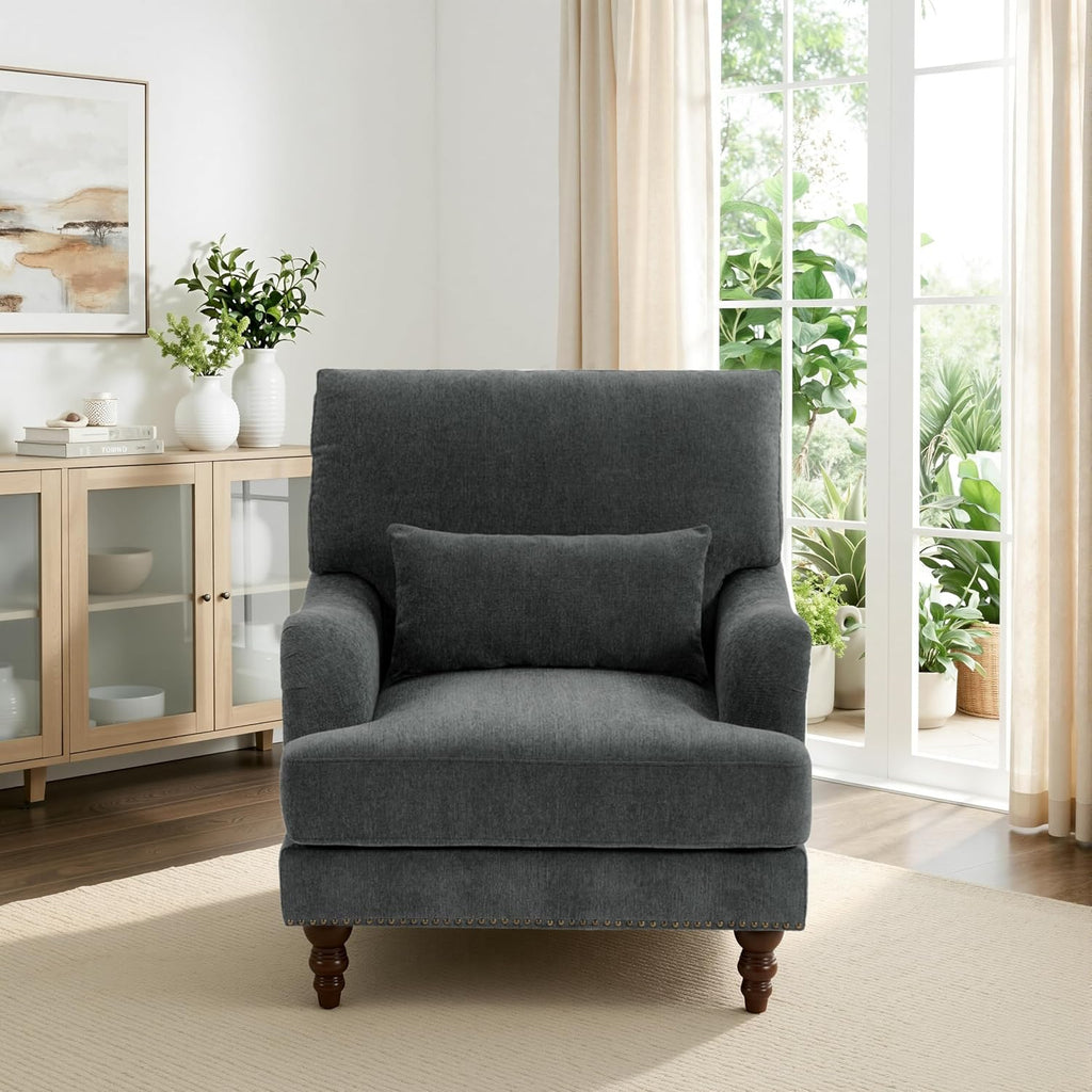Accent Chair , Upholstered Armchair with Nailhead Trim & Solid Wood Legs, Mid Century Modern Chenille Club Chair