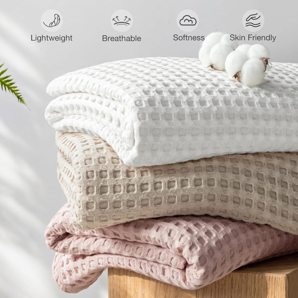 Pre-Washed 100% Cotton Waffle Throw Blanket, 330GSM Lightweight Breathable Summer Blankets, Soft and Cozy, Room