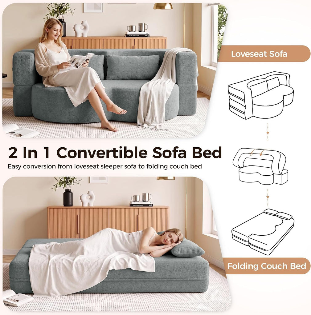 78" Convertible Folding Sofa Bed Full Size, Small Loveseat Boneless Couch | Bouclé Fabric Foldable Sleeper Sofa Bed