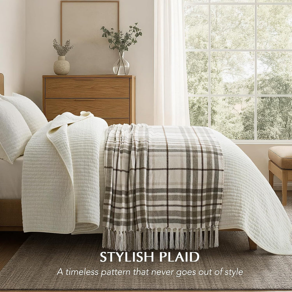 Plaid Chenille Throw Blanket, Super Soft Cozy Decorative Farmhouse Plaid Throw with Tassels, Lightweight Chenille