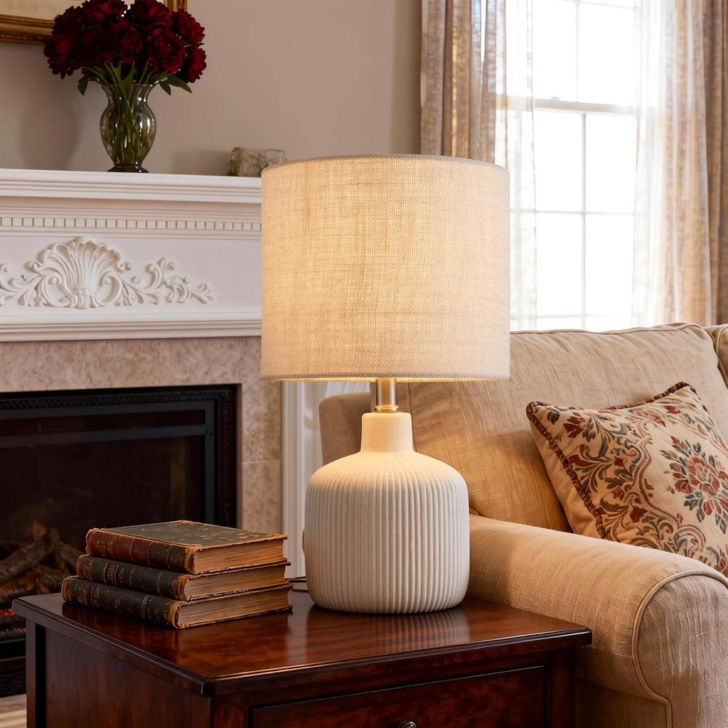 Ceramic Table Lamp, 17.75" Rustic Farmhouse Bedside Lamp with Beige Linen Shade