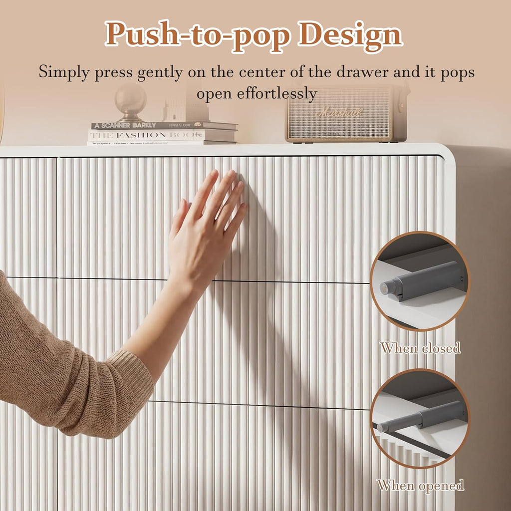 55" Wide Modern Dresser , 6 Drawer Chest of Drawers with Curved Design, Push-to-Open Storage Dresser, White
