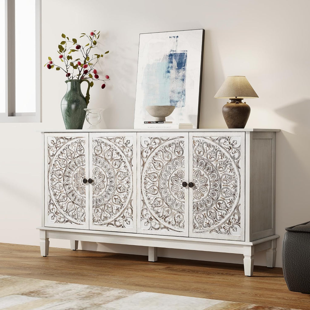 Buffet Cabinet with Storage, Accent Cabinet with 4 Carved Doors, Solid Wood Sideboard with Adjustable Shelf, Vintage