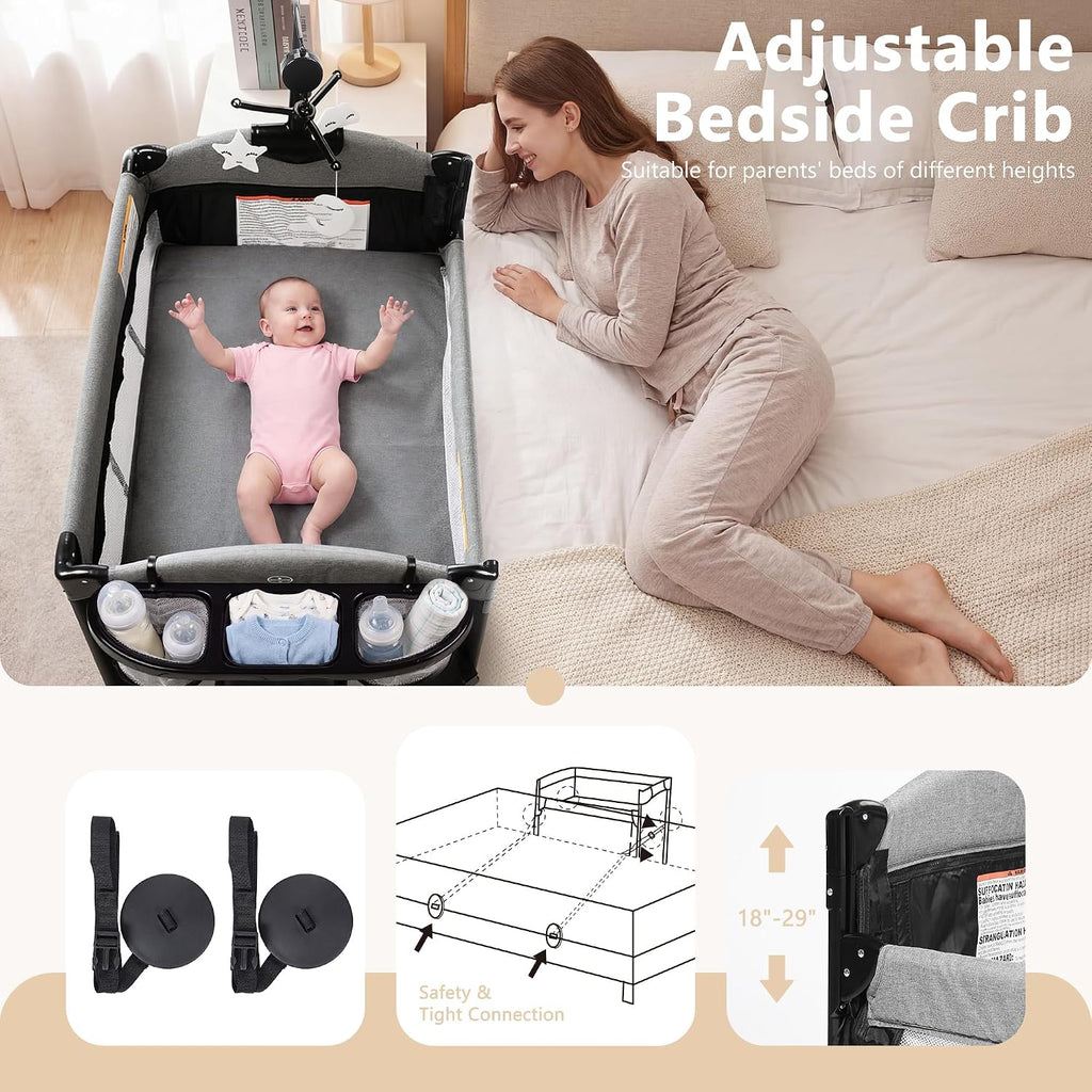 4 in 1 Portable Baby Playard, Baby Bedside Crib, Grey | Foldable Pack and Play w/Bassinet, Newborn Changing Table