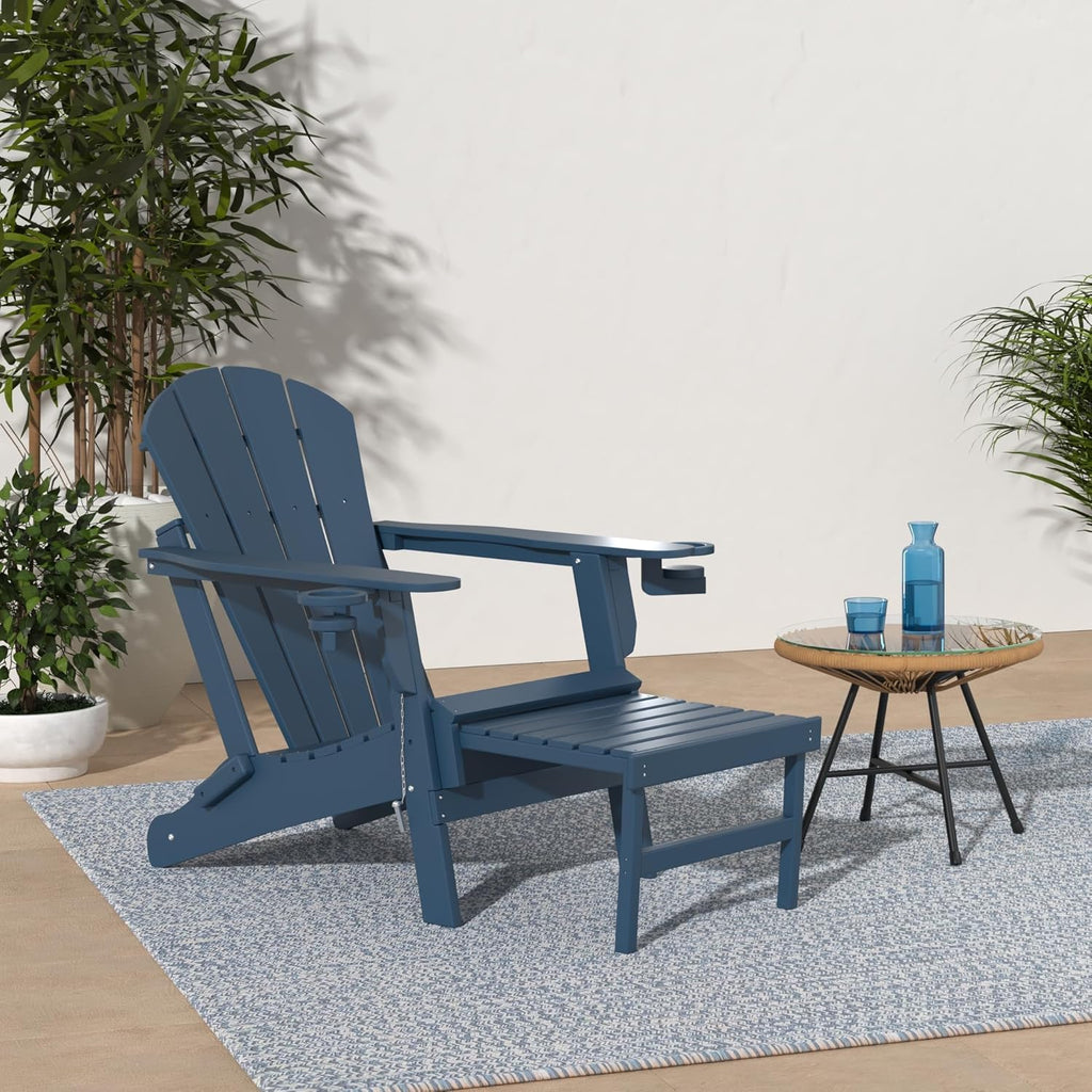 Folding Adirondack-Chairs-with-Ottoman Set of 2, HDPE, Blue | Retractable Foot Rest | Hidden Cup Holders | 5" Wide