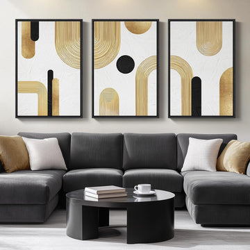 Large Framed Gold Abstract Geometric Wall Art , 3 Piece Modern Canvas Prints Paintings Artwork for Walls, Minimalist