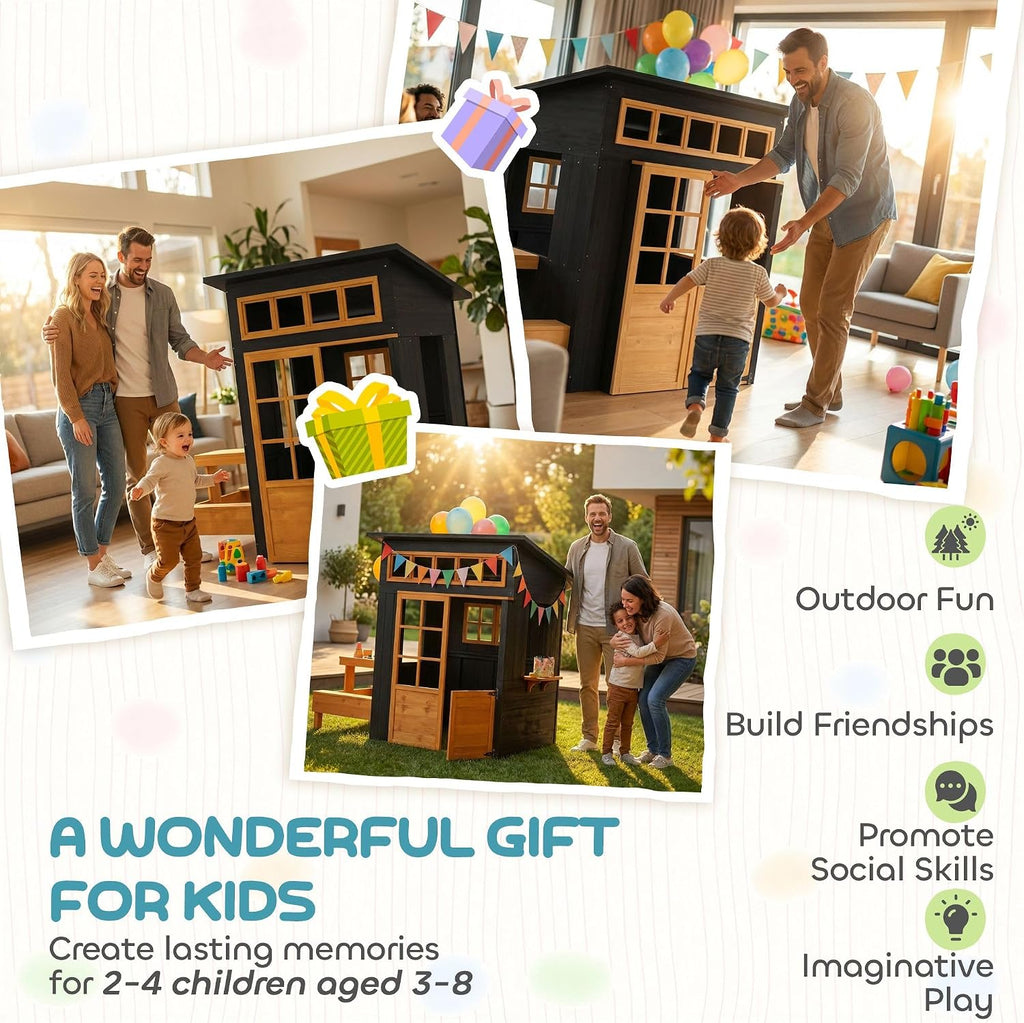 Playhouse - Solid Fir Wood, Chalkboard Panels, Attached Table & Benches, Spacious Interior, Ages 3-8, 76" L