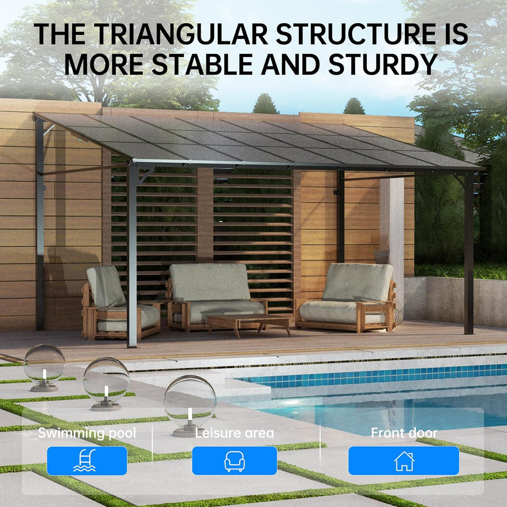 12'X14' Lean to Gazebo, Wall-Attached Hardtop Pergola with Anti-UV Polycarbonate Roof