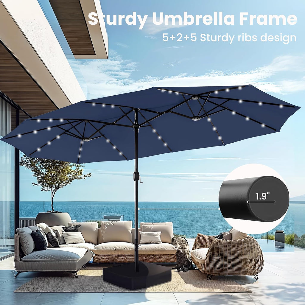 15ft Large Patio Umbrella with Base & Solar Lights,Rectangle,Navy | Outdoor Double-Sided Rectangular Umbrella with