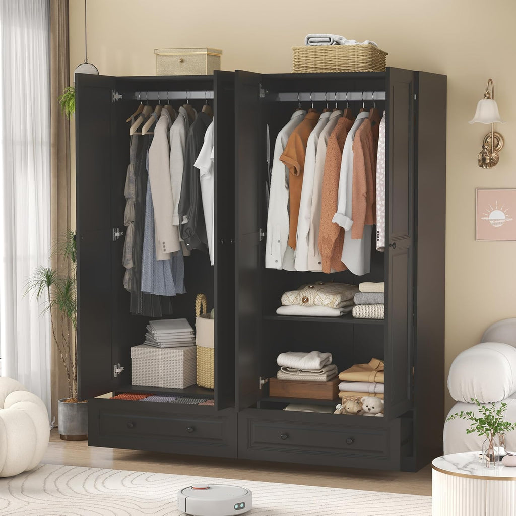 Armoire Wardrobe Closet with Drawers: 74" Black Wardrobe Closet with 4 Doors, Bedroom Armoires with 2 Drawers, Wood