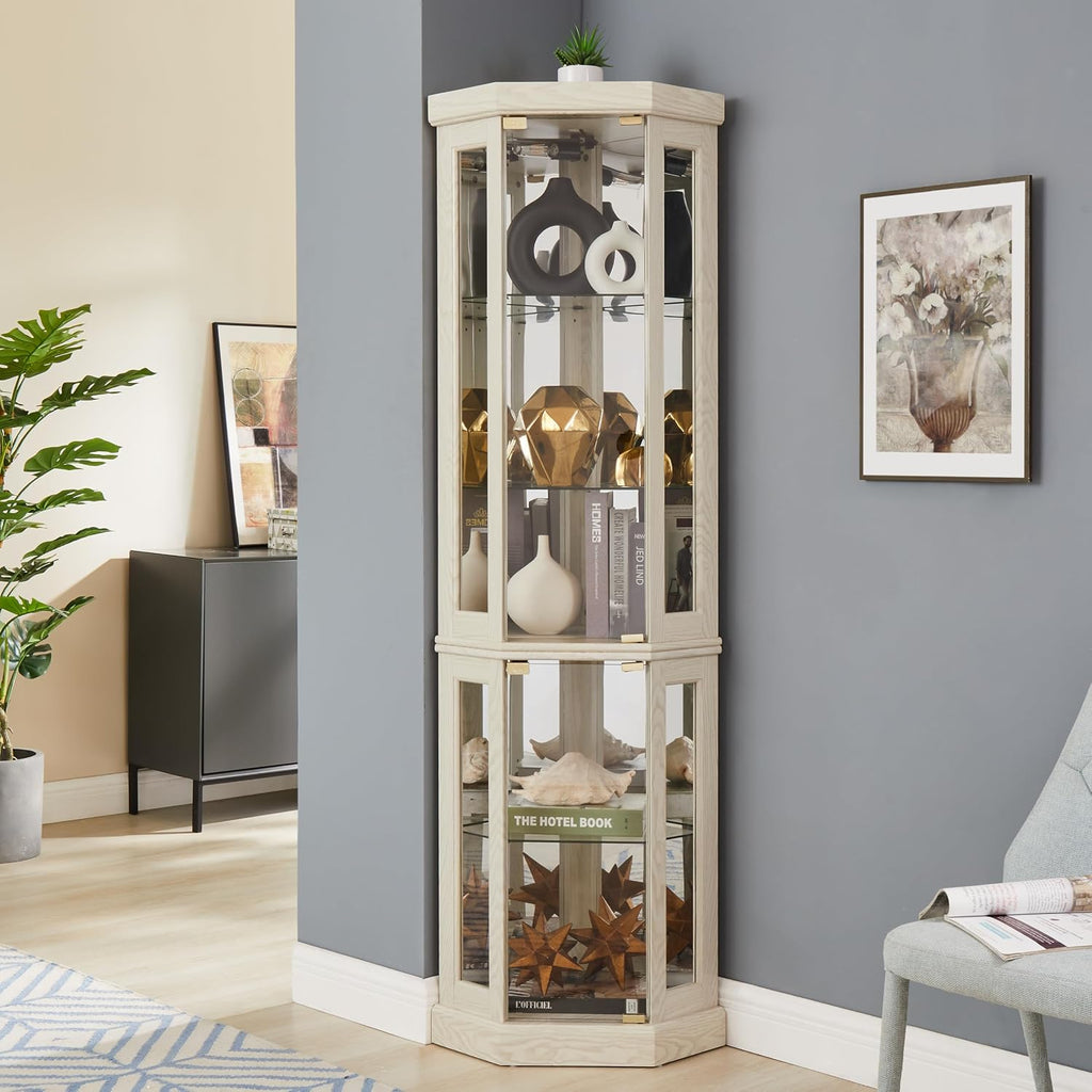70" Corner Glass Display Cabinet with Adjustable Shelves, for Collectibles, Storage Curio Cabinet with Side-Hung Pane