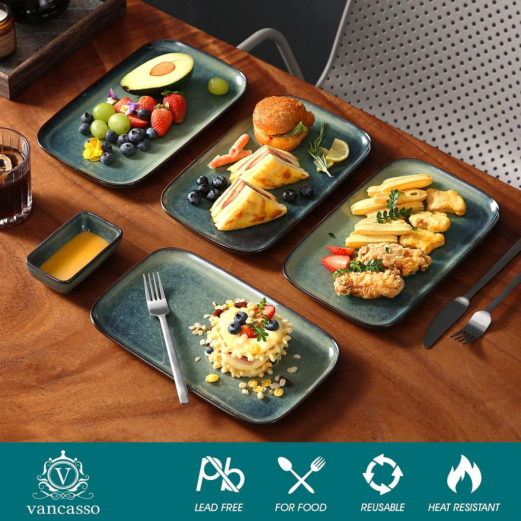 Stern Serving Platters Set of 4, 11 Inches Rectangular Ceramic Serving Plates, Green Serving Trays for Entertaining