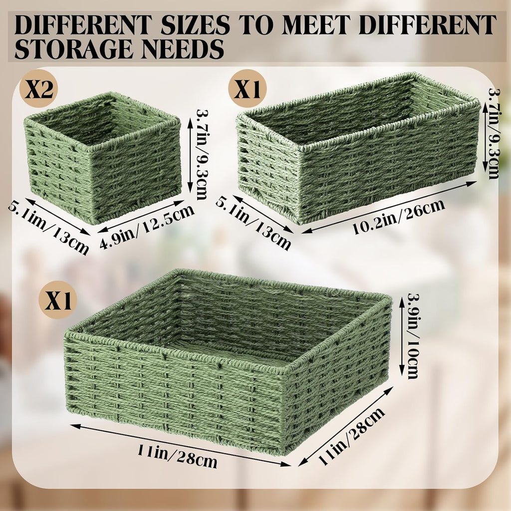 Sage Green Storage Baskets Set 4 Pack Rustic Paper Rope Woven Decorative Basket Organizer in 3 Size Storage Bin Box