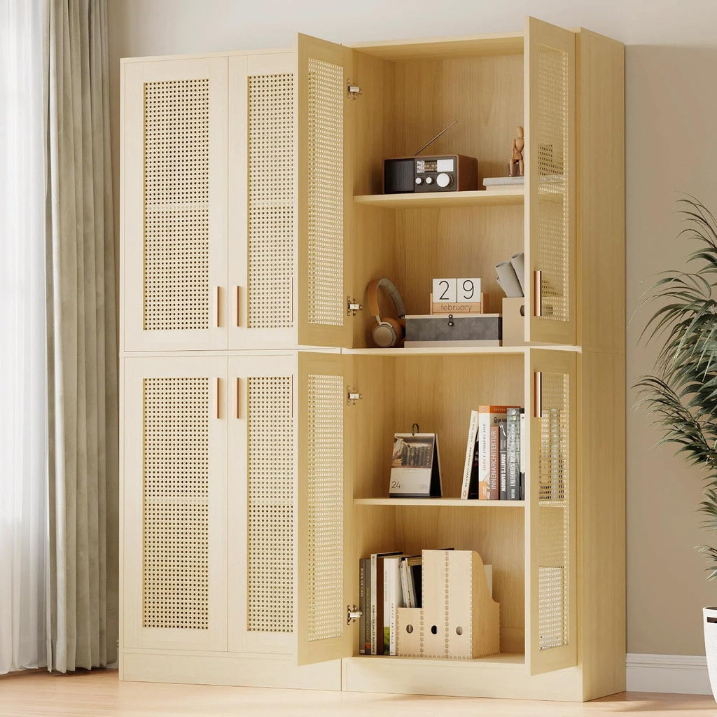 Kitchen Pantry Cabinet, 71" Tall Rattan Doors Storage Cabinet and Adjustable Shelves, Modern Farmhouse Wood Cupboard