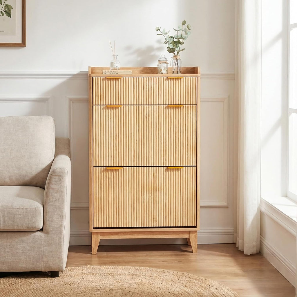 Wood Fluted Shoe Organizer - Slim Shoe Cabinet with 2 Flip Drawers & 1 Drawer, Narrow Shoe Cabinet with Adjustable