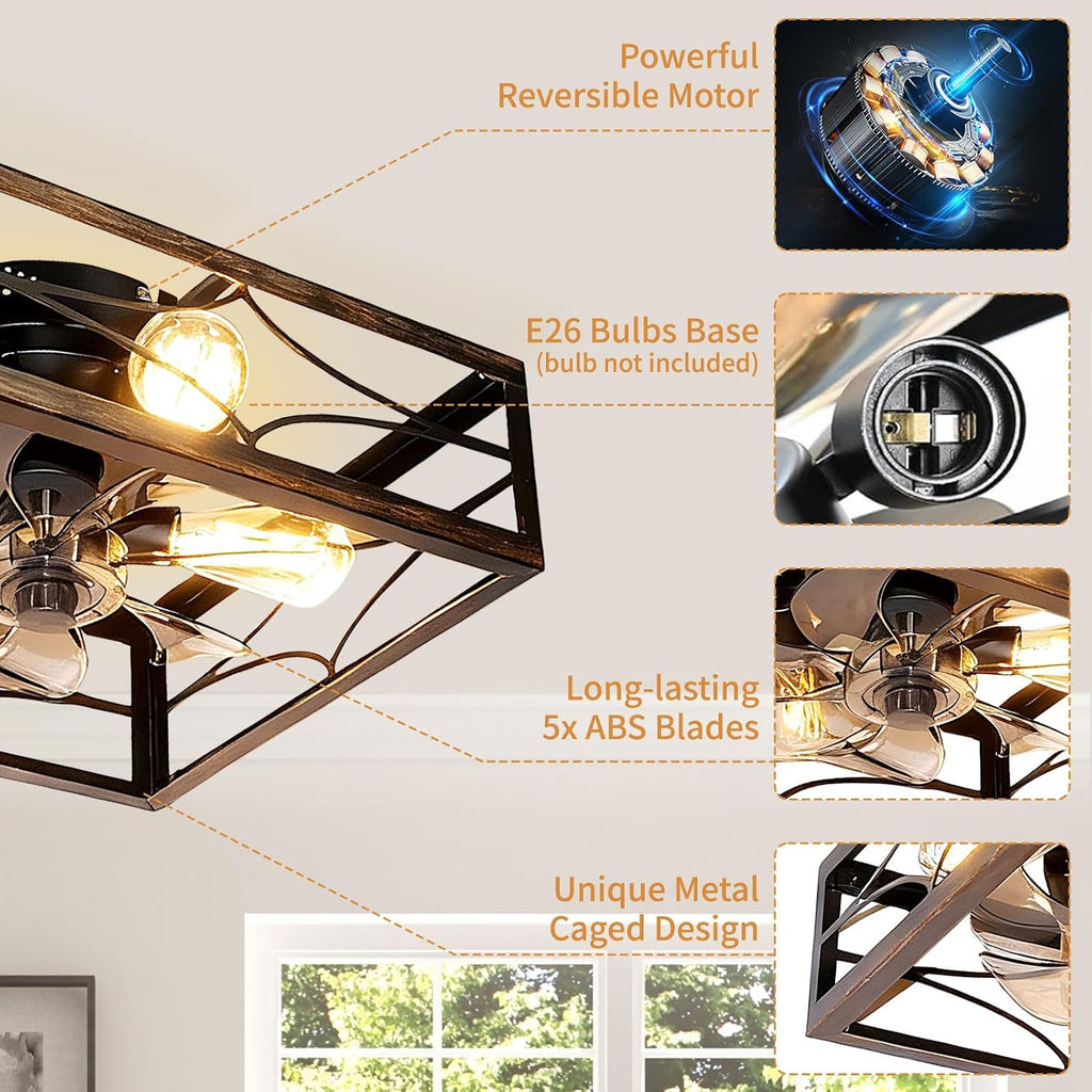 Caged Ceiling Fan with Light and Remote 16'' Rustic Square Flush Mount Ceiling Fan Small Farmhouse Bladeless Ceiling