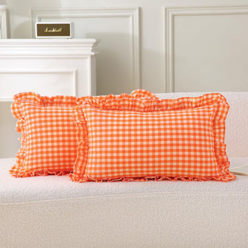 2 Pack Orange Gingham Lumbar Throw Pillow Shams 12''x20''