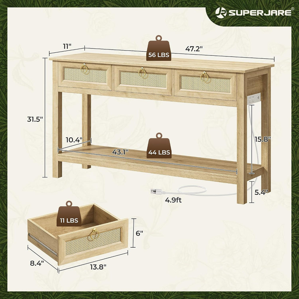 Rattan Console Sofa Table with Outlets and USB-C Port, 3 Drawer Entryway Table with Synthetic Rattan Surface, Open