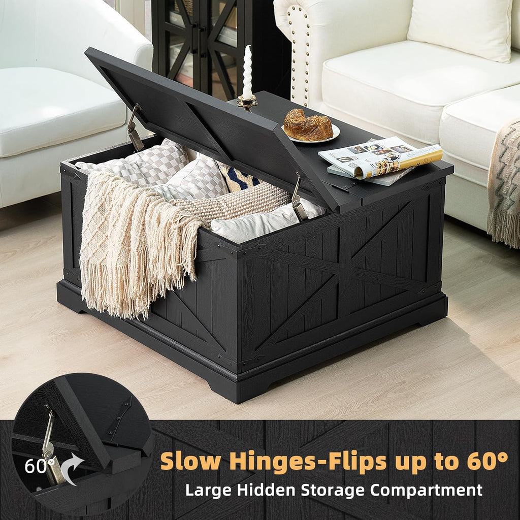 Farmhouse Coffee Table with Large Hidden Storage Compartment, Rustic Black Square Center Table