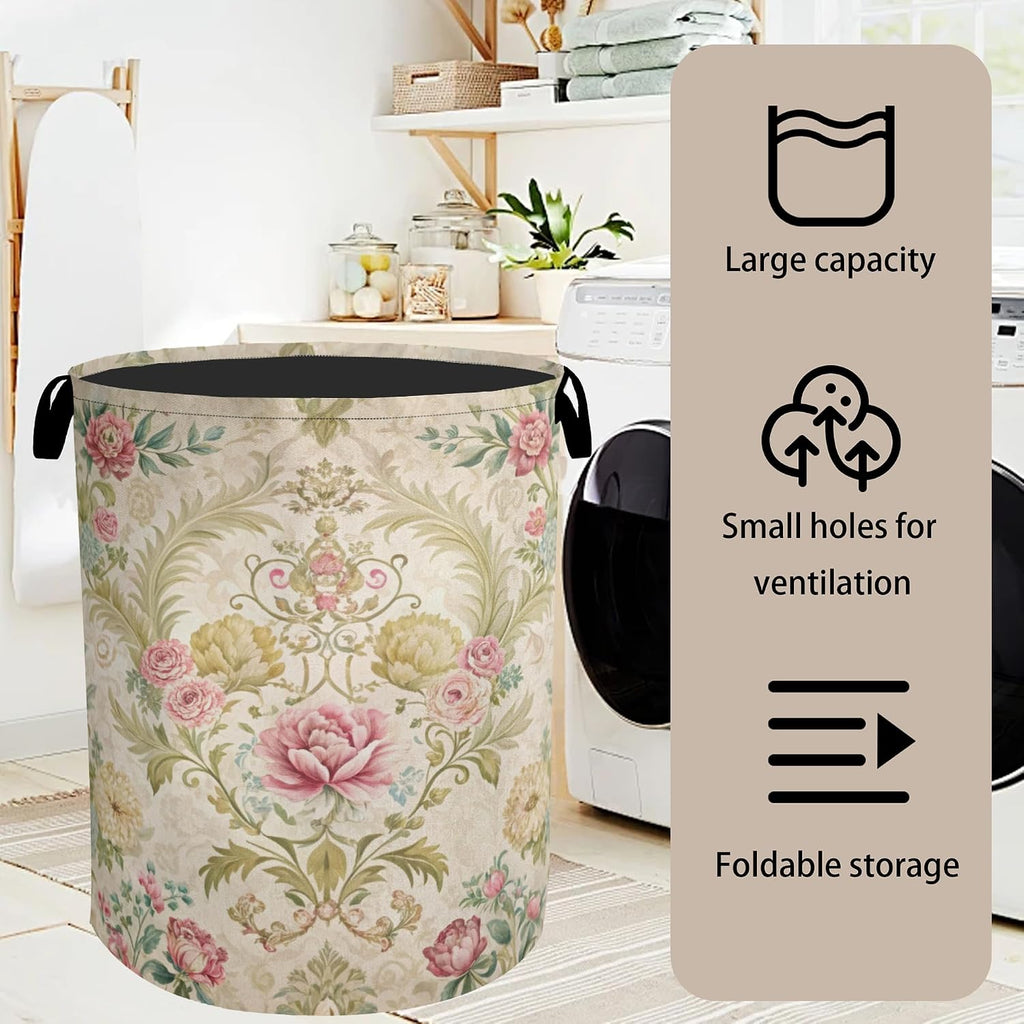 Shabby Chic Rose Laundry Basket with Handles - Extra Large Foldable Hamper /Laundry/Bedroom/Dorm, Washable Fabric