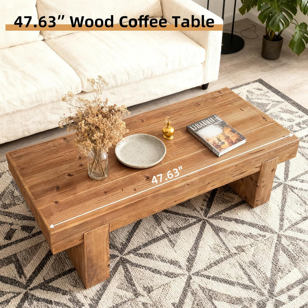 Solid Wood Coffee Table 47.6-Inch Rectangular Coffee Table,Farmhouse Cocktail Center Tables with Thicken Top and