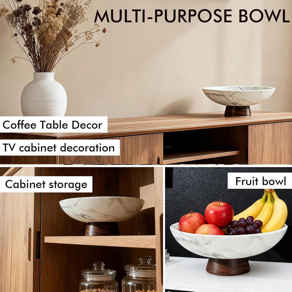 White Marble Texture Decorative Bowl with Acacia Wood Base - 11" Modern Pedestal Fruit Bowl for Table Centerpiece