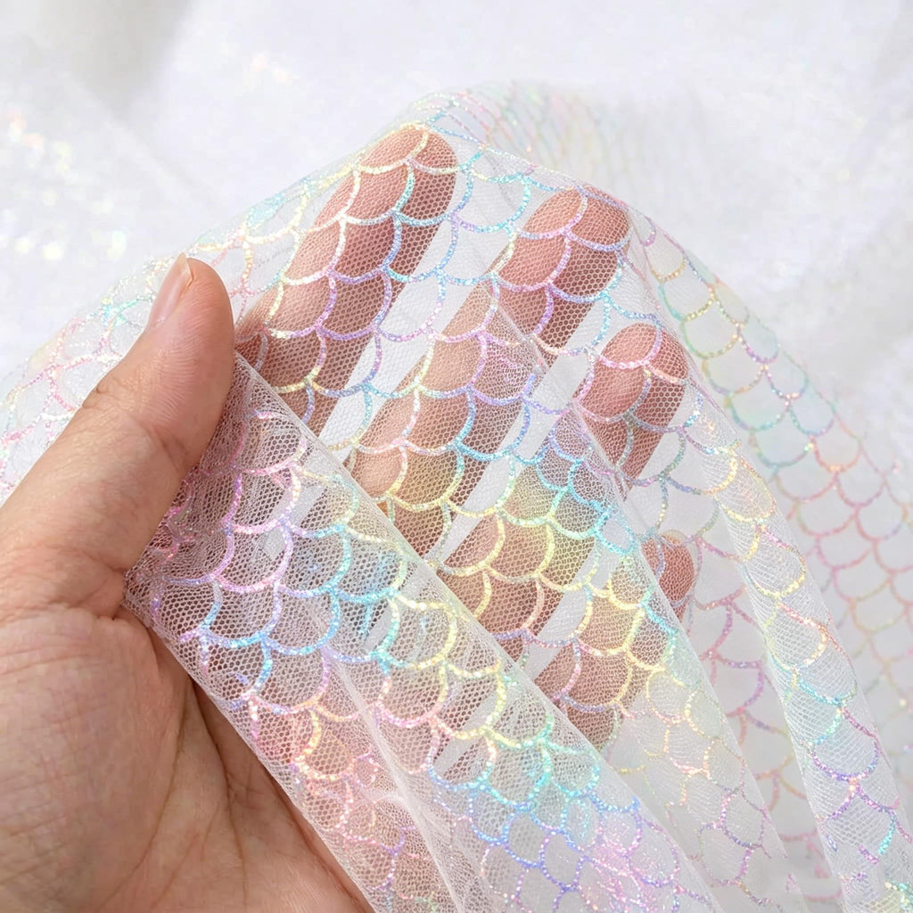 Iridescent Organza Table Runner Glitter Fish Scale Tulle Mesh Fabric