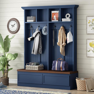 Wood Hall Tree with 6 Hooks & Entryway Bench, Farmhouse Mudroom Versatile Coat Racks with 2 Large Drawers, Entrance
