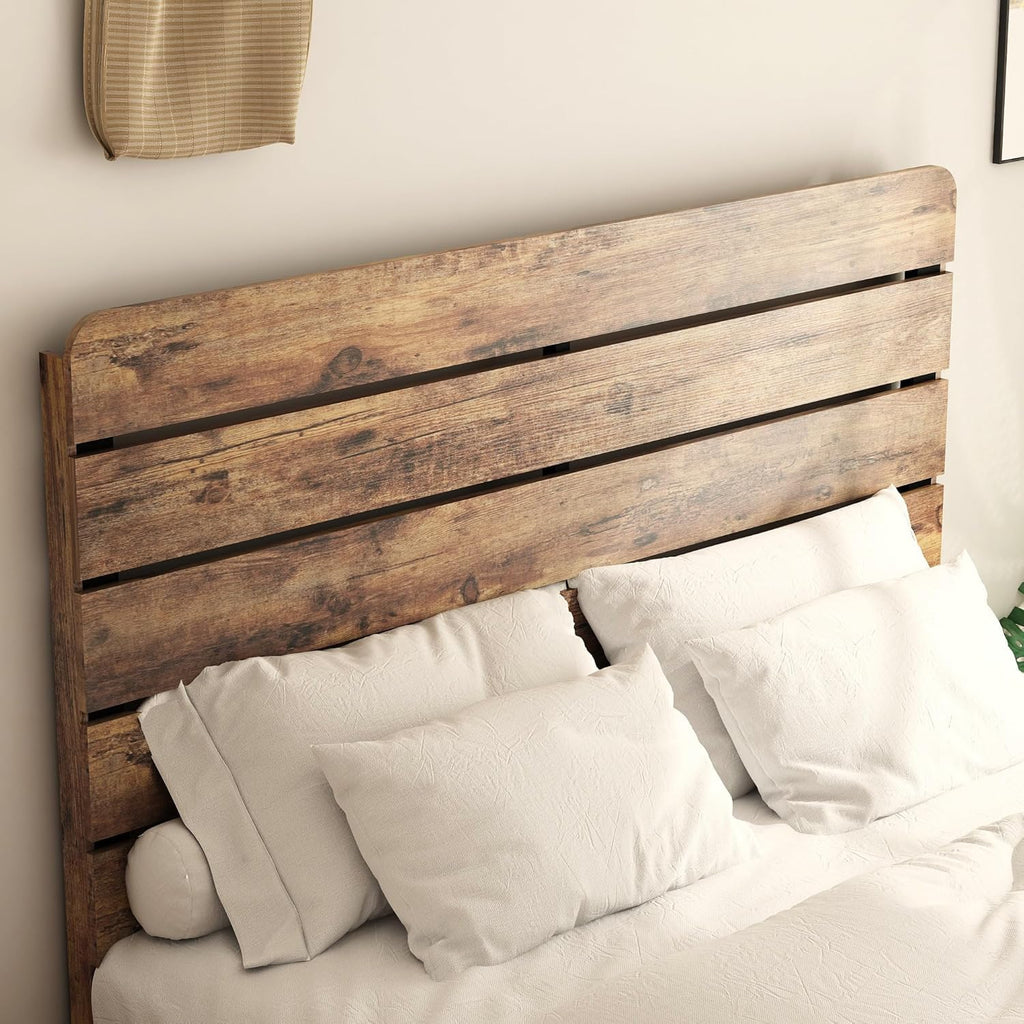 Wooden Queen Bed Frame with Headboard, Rustic Farmhouse Platform Bedframe with Wood Slat Support, Sturdy and No