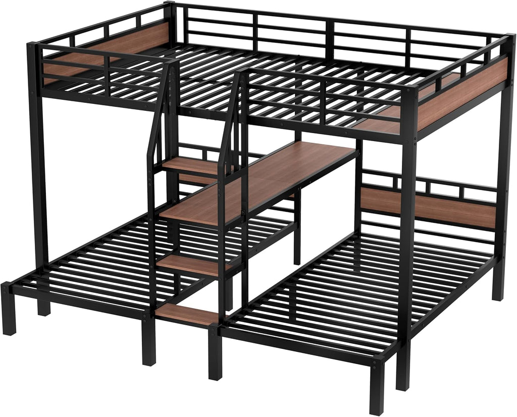 Queen Over Twin Over Twin Bunk Bed with Shelf and Stairs, Heavy Duty Triple Bunk Beds with Safety Guardrails