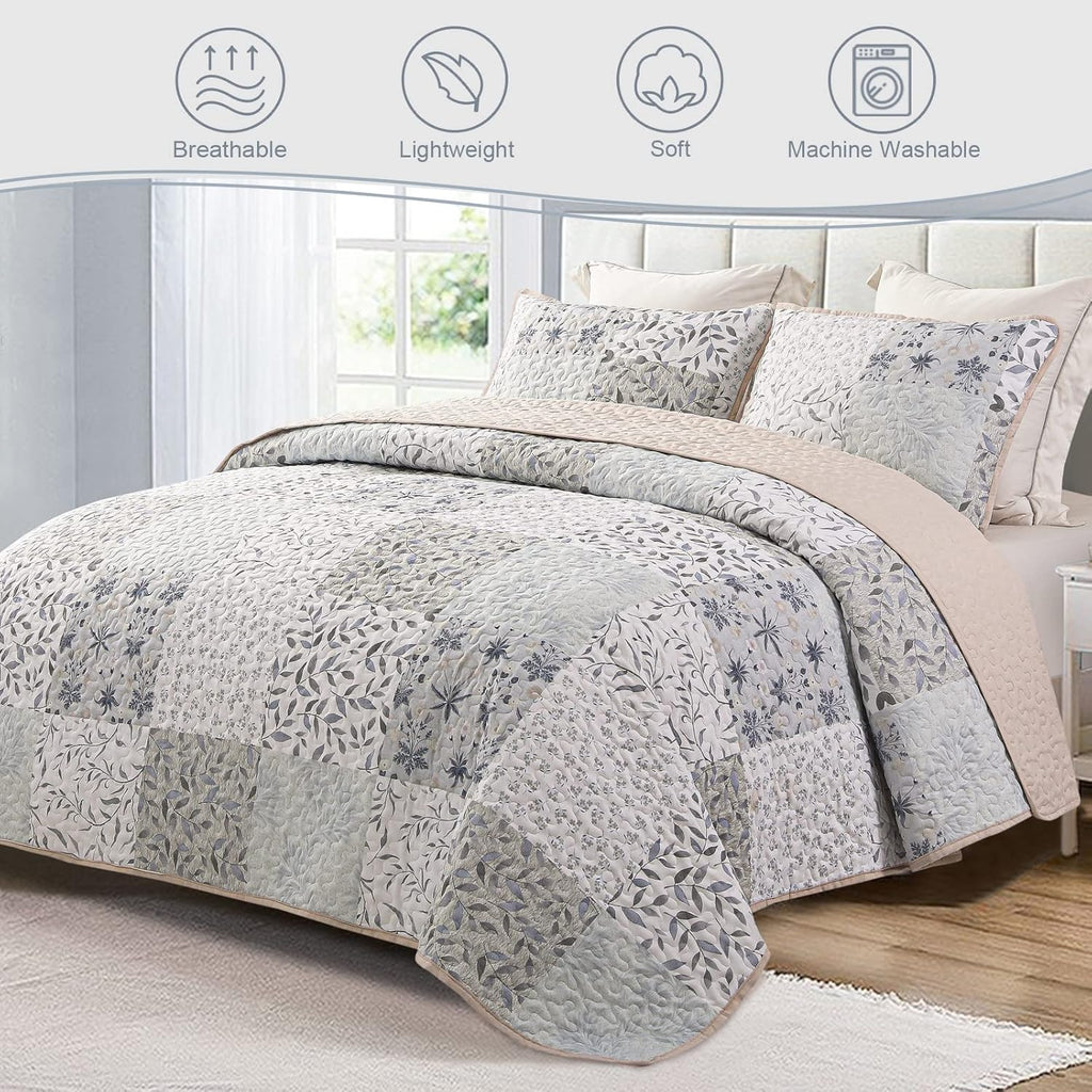 Reversible Boho Quilts, Gray Soft Bedspreads Lightweight Coverlet All Season Patchwork Quilt Bedding Set