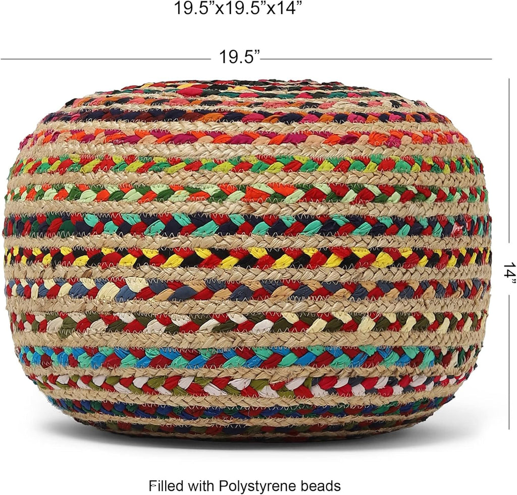 Braided Jute Cotton Pouf - Circular Boho Ottoman - Multi