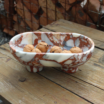 Natural Oval Calacatta Red Marble Fruit Bowl Counter 10", Large Decorative Bowl Two-Legs Decor, Fruits Holder For