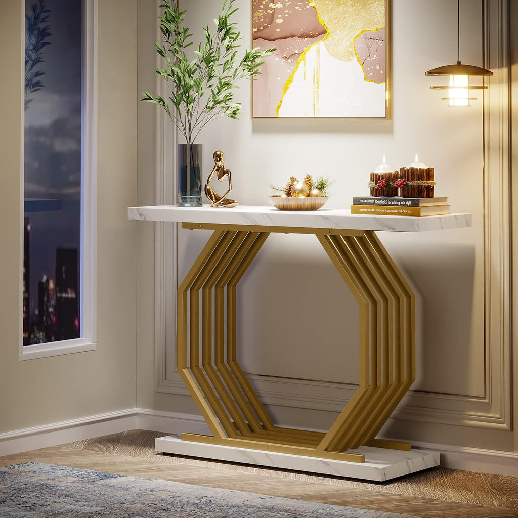 Gold Console Table, Faux Marble Entryway Table Narrow Sofa with Geometric Metal Base, 40 Inch Modern Accent Entrance