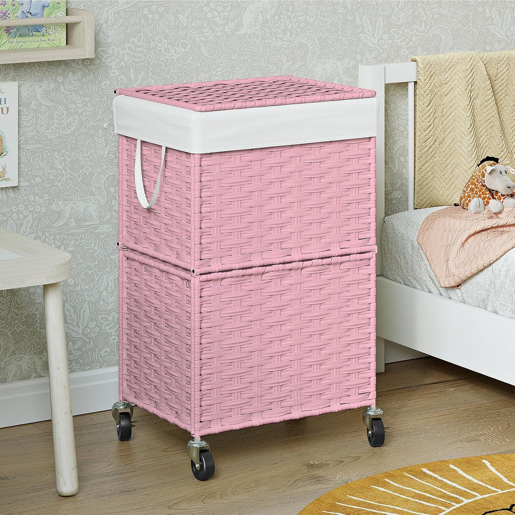 Wicker Laundry Basket with Wheels,Rolling Laundry Hamper with Lid | 90L Slim Clothes Hamper with Wheels & Removable
