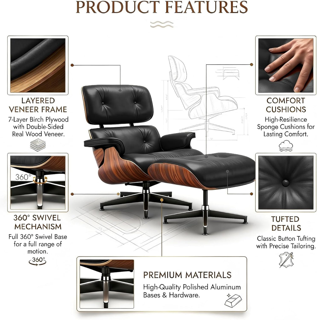 Mid-Century Modern Lounge Chair & Ottoman — Black Bonded Grain Leather, Walnut Base, Wide Tall Back