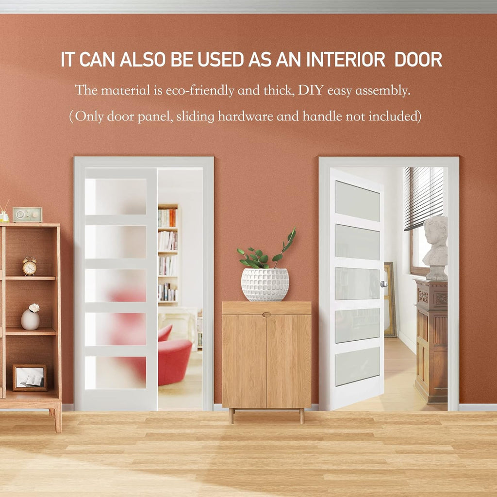 Sliding Pocket Door 32" x 80" - 5 Lites Tempered Frosted Glass Panels, Interior & Closet Single Door