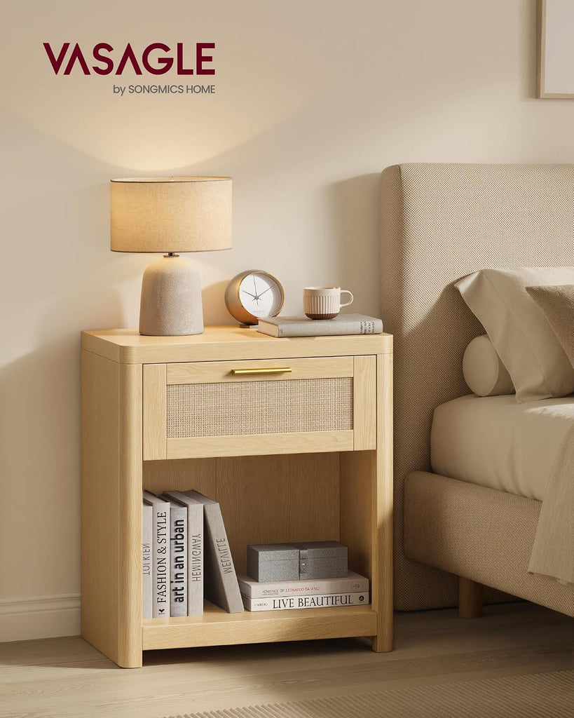 Boho Nightstands with Rattan-Look Drawer, Set of 2 Accent Side End Tables with Open Compartment, Rounded
