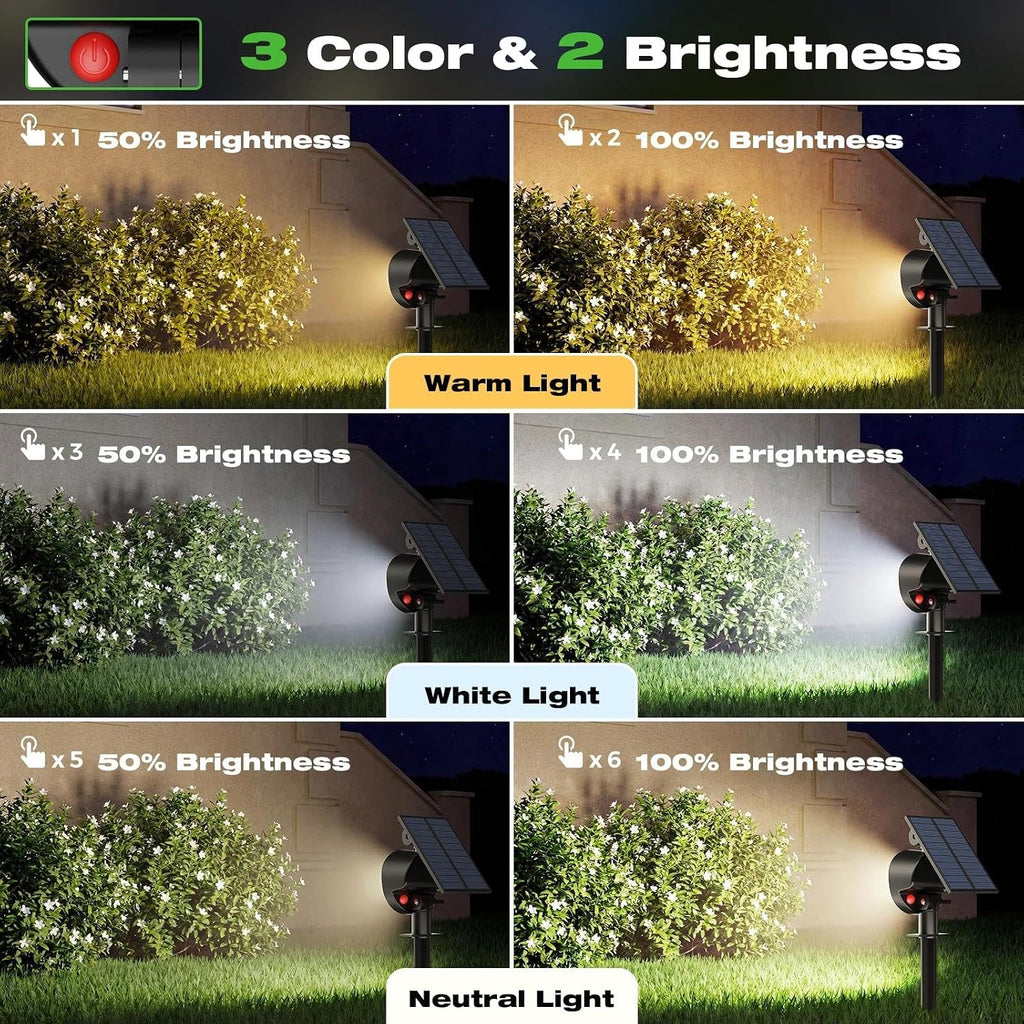 Solar Spot Lights Outdoor Waterproof, 3 CCT Landscape Spotlights | 4 Pack/2 Brightness, Adjustable Solar Panels, Auto