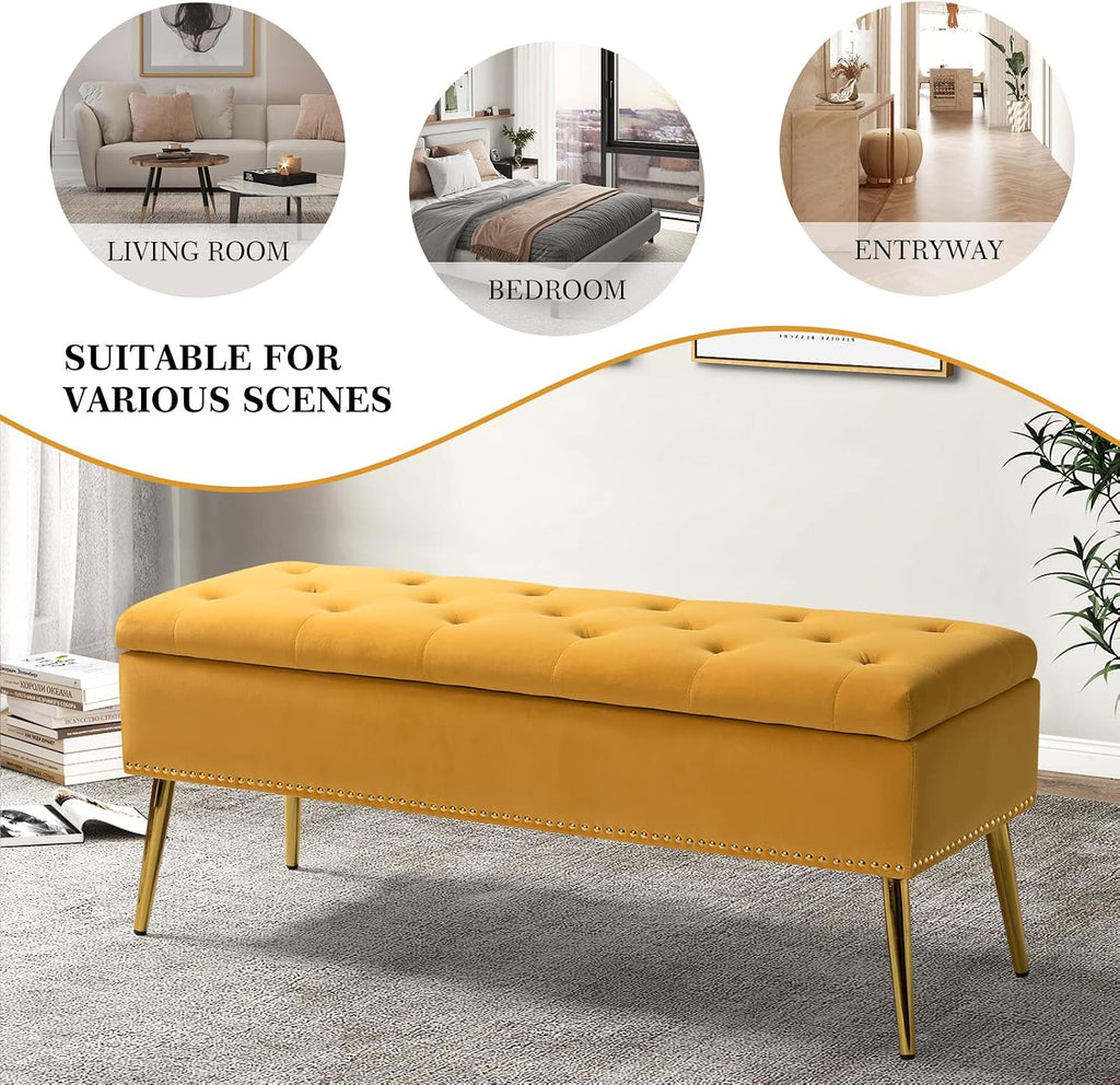 Modern Velvet Storage Ottoman Bench with Gold Base & Nailhead Trim, Upholstered Bedroom Bench for End of Bed