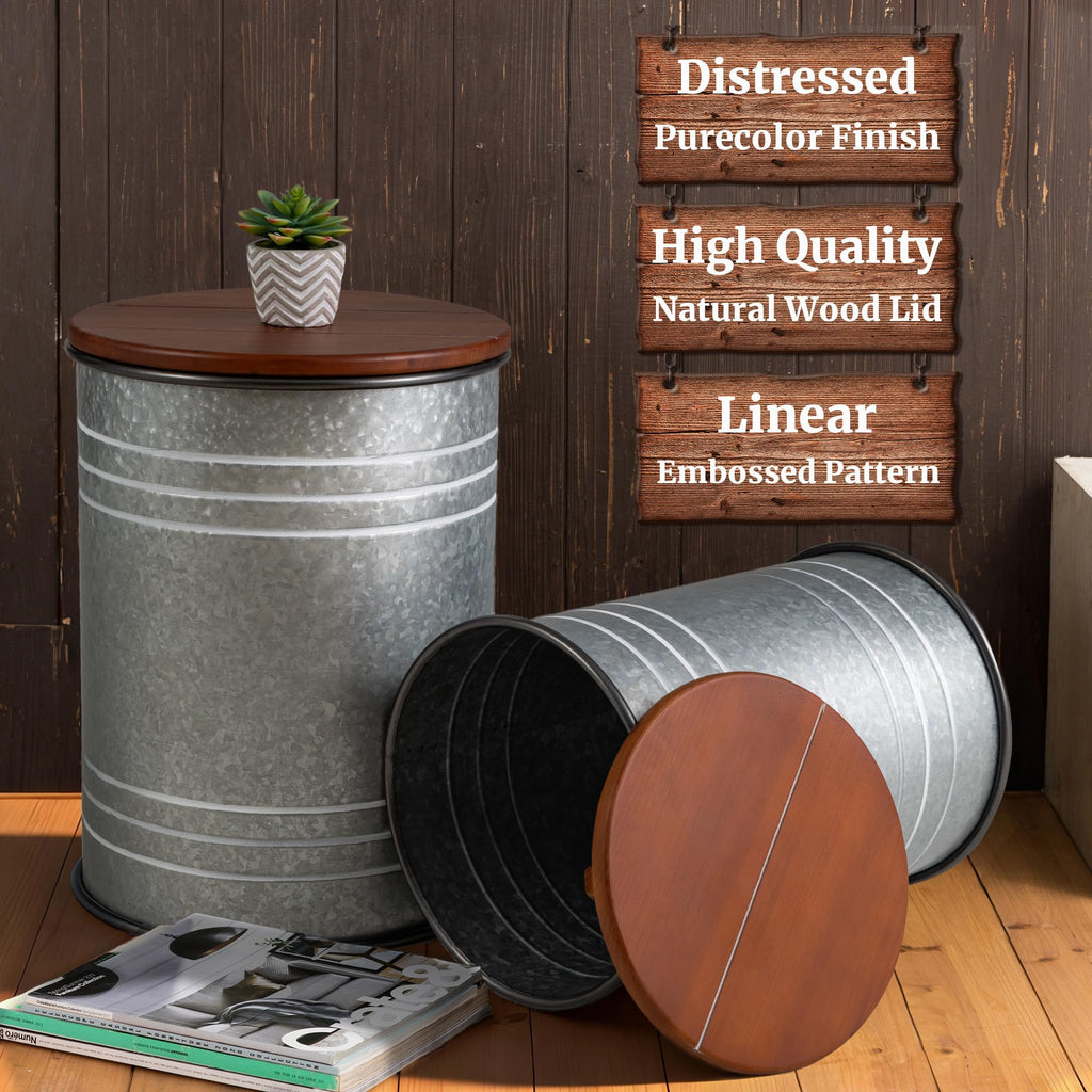 Rustic End Table Set of 2, Farmhouse Galvanized Metal Barrel Ottoman Storage Stool with Round Wood Lid Furniture, Grey