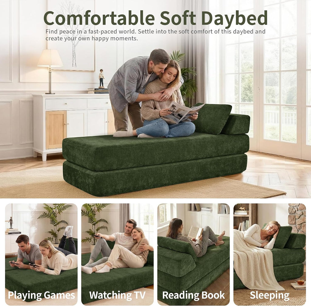 80" Convertible Daybed, Twin to Queen Size Sofa Bed , Green | Folding Chaise Lounge Chair Indoor, Sleeper Sofa with
