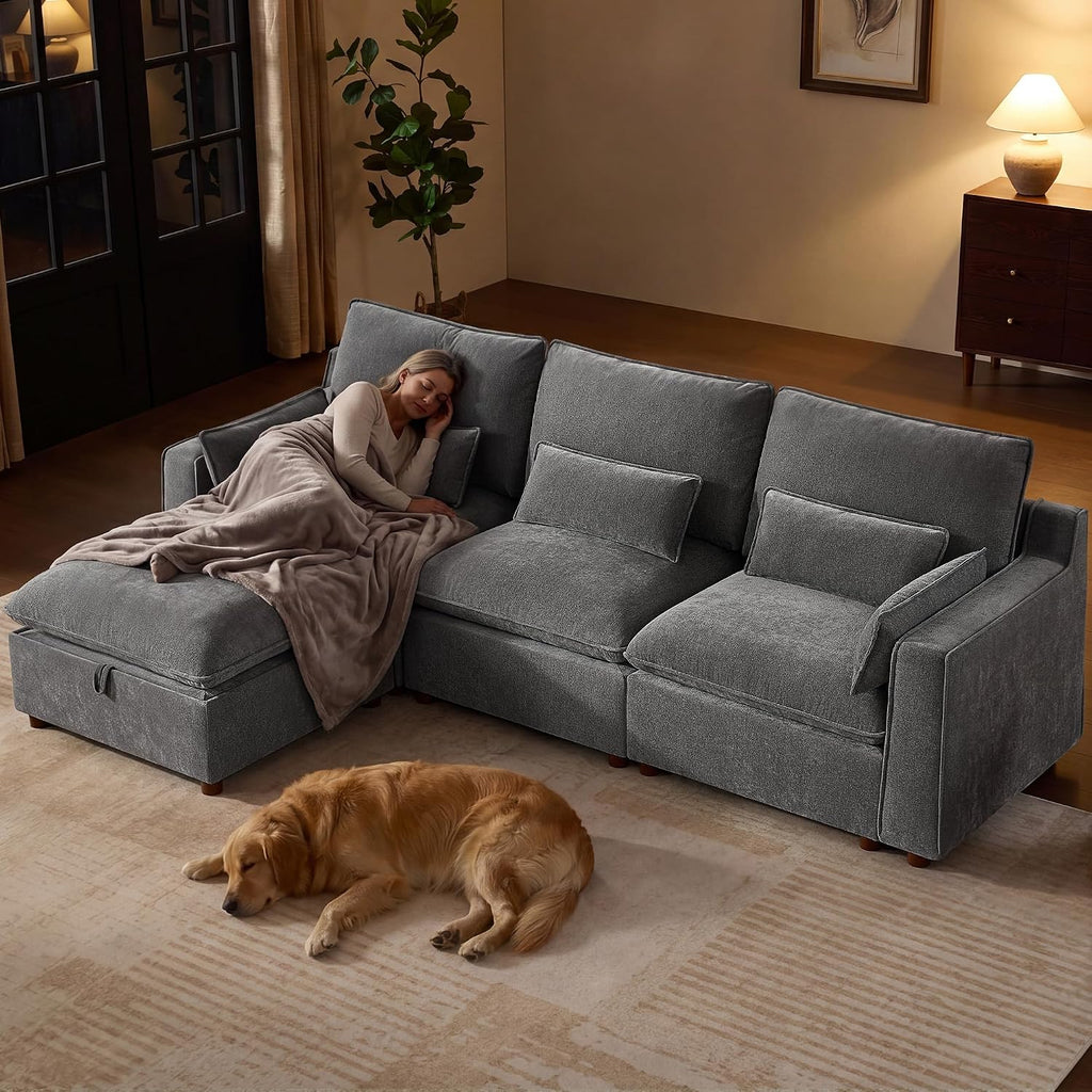 Modern Modular Sectional Sofa,103" L Shape Minimalist Couch with Storage Ottoman,Comfty 4 Seat Sofa ,Grey Chenille