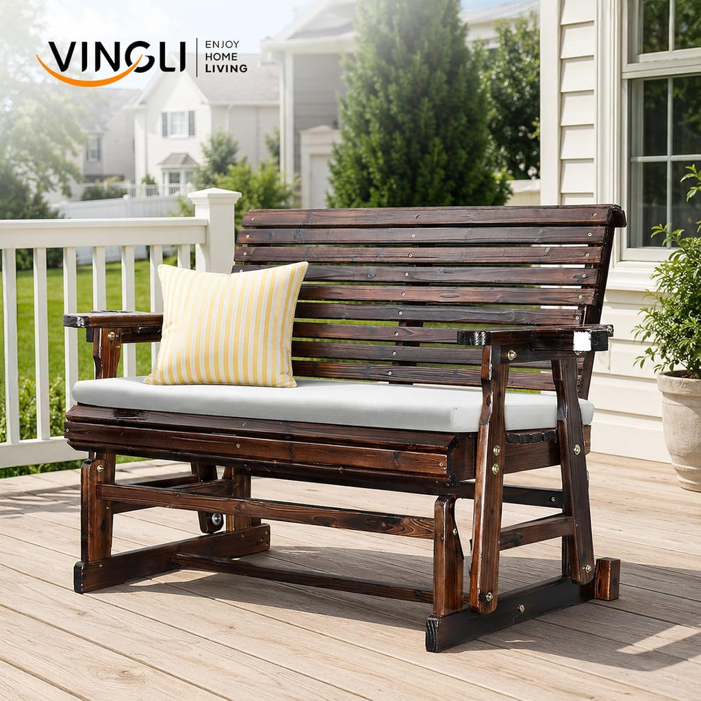 Wooden Patio Glider with Cushion, Heavy Duty 800 LBS Outdoor Glider with Cup Holders, 4 FT Wooden Glider Bench with