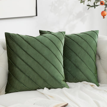 Olive Green Velvet Stripe Throw Pillow Covers 18x18 Set of 2